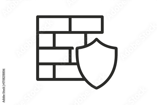Firewall icon vector for web. Shield and brick wall. Metaphor for network security, data protection, privacy. Cyber safety, antivirus, system defense. Outline sign for apps.