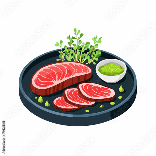 Zartes Wagyu-Steak, fein aufgeschnitten, serviert auf einem dunklen Teller