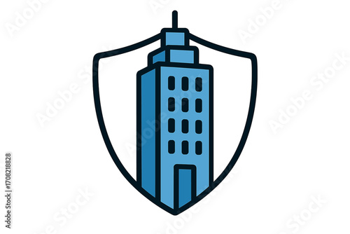 Building security logo with shield. Skyscraper icon for real estate protection. Corporate property insurance symbol. Secure business safety sign. Vector asset protection design.