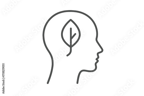 Green thinking and ecology concept. Human head profile with leaf inside. Thin line icon for sustainability, environmental awareness, nature, think green, eco-friendly mindset.