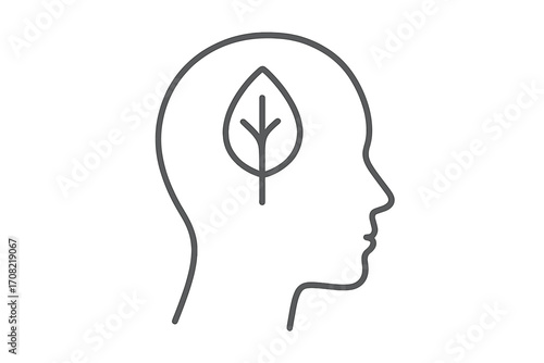 Think green concept. Environmental consciousness, ecology and nature lover. Head silhouette with leaf inside. Mental health and growth. Sustainable mindset pictogram vector.