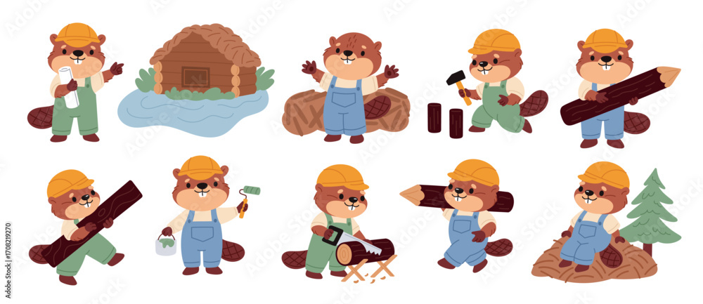 Fototapeta premium Funny beaver characters. Cute animal in jumpsuit, kids mascot, cartoon brown rodent, natural dams builder, river wildlife, constructor or carpenters symbol, garish vector cartoon isolated set