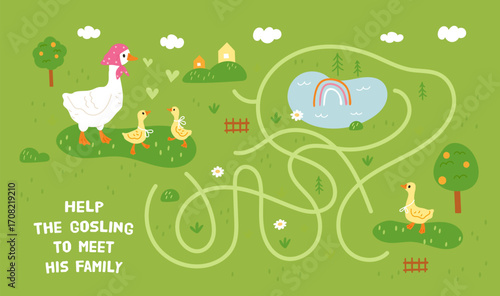 Funny geese maze. Cute mother goose with little goslings, family reunion helping, kids educational labyrinth game, page template, cartoon flat style isolated garish vector concept