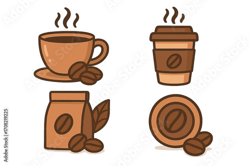 Coffee icon set vector illustration. Cartoon flat design graphic elements for cafe menu. Hot drink, beverage, espresso, cappuccino, mug, paper cup, beans and bag pack.