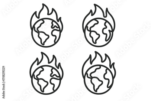 Global warming icon set. Planet on fire outline symbol. Climate change concept. Earth disaster vector illustration. Environmental crisis, pollution, and ecology problem.