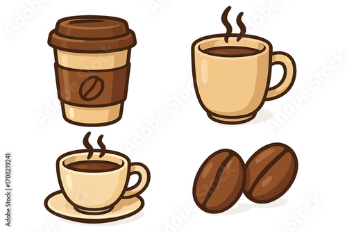 Coffee vector icon collection. Flat cartoon illustration set of coffee cup, mug, hot drink and beans. Design elements for cafe menu, logo, sticker or coffee shop branding.