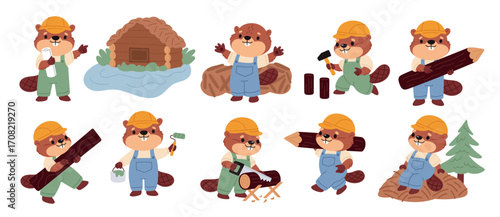 Funny beaver characters. Cute animal in jumpsuit, kids mascot, cartoon brown rodent, natural dams builder, river wildlife, constructor or carpenters symbol, garish vector cartoon isolated set