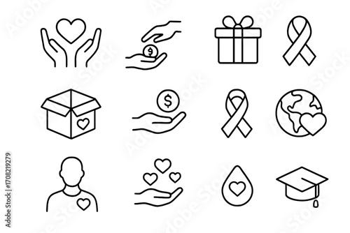 Charity and donation line icon set. Giving, care, and support symbols. Vector outline icons for fundraising, volunteering, humanitarian aid, and awareness campaigns.