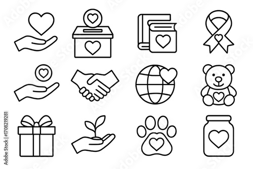 Charity and donation line icon set. Volunteering, help, and support symbols. Philanthropy, community aid, and nonprofit organization outline pictogram collection vector.