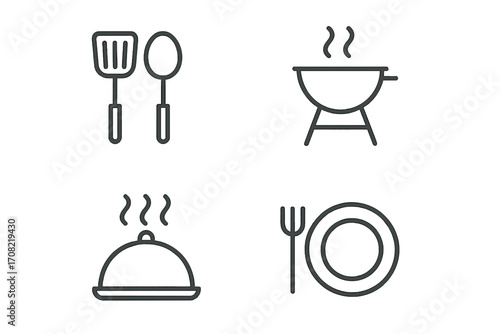 Cooking and kitchen line icon set. Vector icons of utensil, barbecue, dish, plate. For graphics, apps, web design. Grill, food, restaurant, serving, dinner symbol.