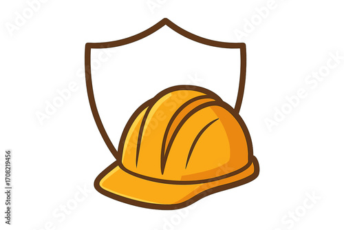Construction safety icon with hard hat and shield. Worker protection and security concept. Industrial safety equipment logo. Workplace health and accident insurance symbol. Vector.