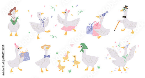 Cute goose characters. Funny farm domestic birds in hats, cartoon dressed geese, different poses, emotions and actions, goslings happy mascot, kids textile and nursery, garish vector isolated set