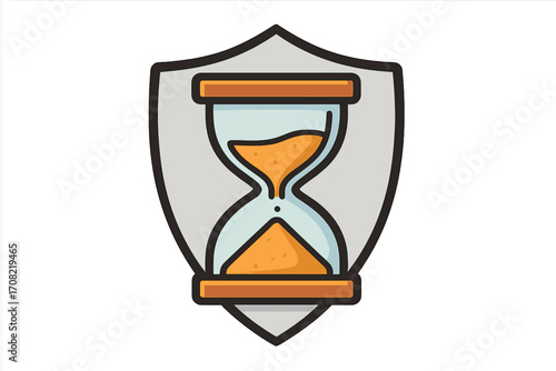 Hourglass in shield icon vector concept. Time protection, deadline, security, longevity metaphor. Sandglass timer sign for web design, apps, ui, ux. Cartoon illustration.