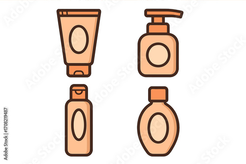 Cosmetic packaging icon set. Skincare beauty products. Cream tube, lotion bottle, soap dispenser pump. Toiletry container linear vector illustration for graphic design apps.