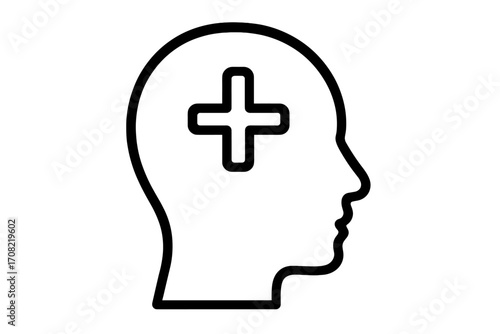 Mental health and positive thinking concept. Head silhouette with a plus sign. Psychology and mindset. Medical healthcare icon. Brain health and wellness vector illustration.