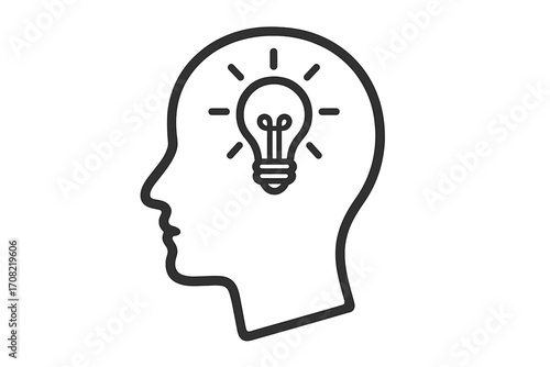 Head with light bulb icon. Symbol of new idea, innovation, creativity, learning, thinking. Metaphor for brainstorming, problem solving, knowledge, inspiration, solution. Mind.