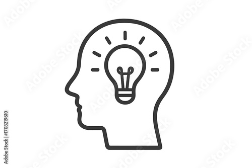 Concept of a new idea, creativity and innovation. Human head silhouette with shining lightbulb. Metaphor for brainstorming, insight, problem-solving and creative thinking. Line icon.