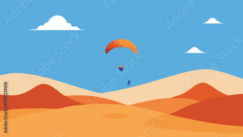 Exciting paragliding adventure over vast orange desert dunes under blue sky