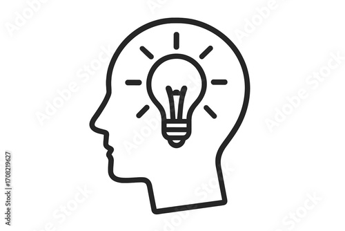 Idea icon. Human head with lightbulb symbol. Concept for creativity, innovation, brainstorming, mind, thinking, solution, knowledge, learning, inspiration, and eureka moment.