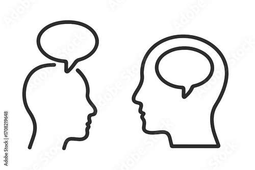 Communication and psychology concept. Two human profiles, one speaking, one thinking. Dialogue, empathy, and understanding metaphor. Internal monologue vs external talk. Vector icon.