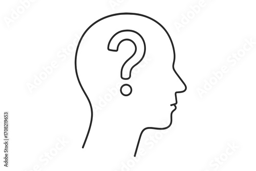 Question mark in human head profile. Concept of doubt, psychology, mental health. Thin line vector illustration for problem solving, thinking process, faq and support.