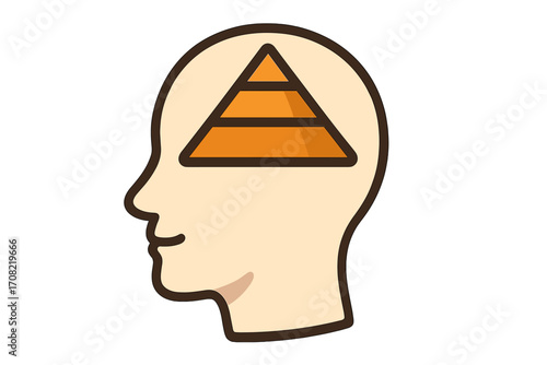 Psychology concept with pyramid in human head. Maslow's hierarchy of needs metaphor. Mind structure, self-growth, consciousness levels, and mental development diagram.
