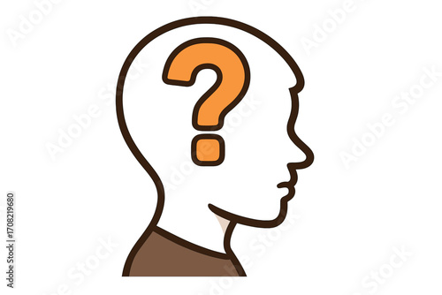 Human head profile with question mark. Metaphor for doubt, confusion, curiosity. Concept of psychology, mental health, intellectual process. Problem solving, seeking answers, FAQ.