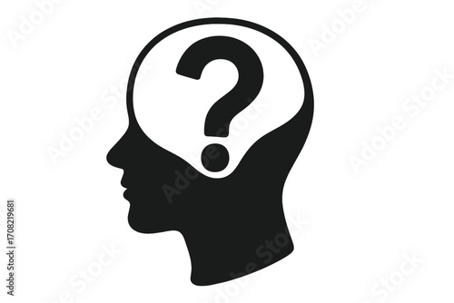 Question mark in head silhouette. Human thinking profile. Concept of doubt, confusion, learning, knowledge. Psychology icon. Mental health, problem solving, FAQ symbol. Vector
