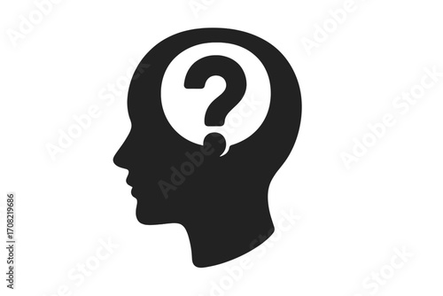 Question mark in human head profile silhouette. Concept of doubt, confusion, seeking answers, problem solving. Psychology, mental health, thinking process, brainstorming, FAQ icon.