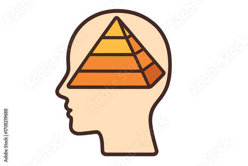 Human head silhouette with hierarchy pyramid inside. Concept of needs, knowledge structure, thinking process, psychology, and personal growth. Infographic vector element.