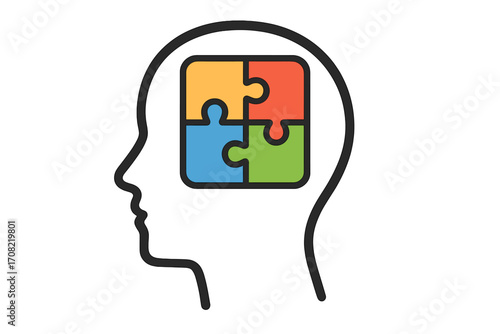Human head silhouette with colorful puzzle. Concept for psychology, mental health, problem solving, logic, creative thinking, solution, brainstorming, and therapy process.