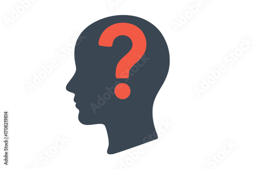 Question mark in human head silhouette. Concept of confusion, doubt, and uncertainty. Psychology, mental health, thinking process icon. Problem solving, FAQ symbol vector.