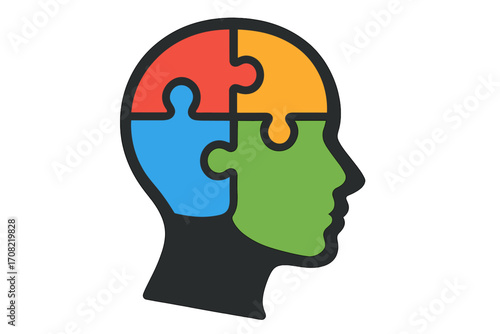 Mental health psychology concept. Head silhouette with colorful puzzle pieces. Represents brain function, problem solving, logic, creative thinking, solution, and autism awareness.