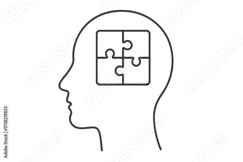 Puzzle in head silhouette vector icon. Metaphor for problem solving, psychology, and mental health. Jigsaw pieces in brain as concept for solution, logic, and idea.