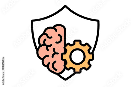 Mental health protection concept. Psychology and intellectual safety. Brain and gear in shield. Mind thinking process, innovation, technology, engineering. Therapy and emotional iq.
