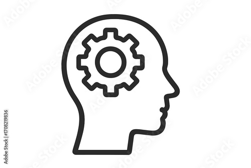 Head with gear line icon. Metaphor for thinking process, brainstorming, intellect, and problem-solving. Psychology, mental health, and innovation concept. AI development.