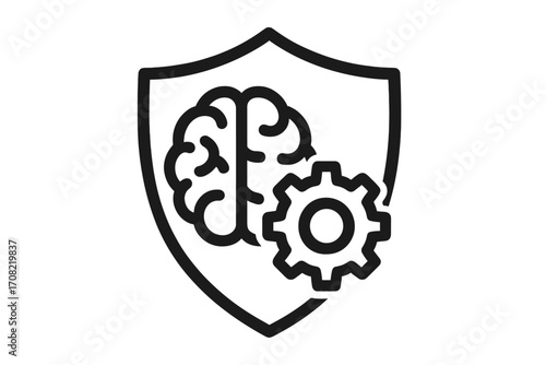 Intellectual property protection and AI safety concept. Brain and gear in shield icon. Mental health and psychology security. Mind data privacy metaphor. Vector line art.