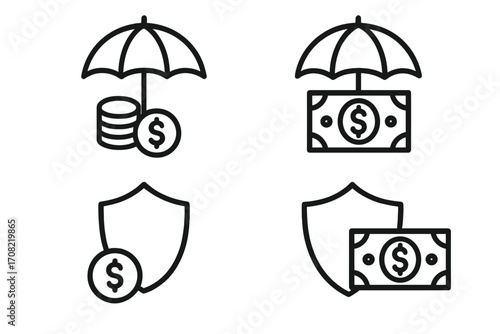 Money insurance icon set. Financial protection and security concept. Vector line art symbols of money under umbrella and shield. Finance safety, investment secure, wealth guard.
