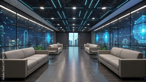Fototapeta Naklejka Na Ścianę i Meble -  A modern office space featuring sleek sofas, large windows with city views, and futuristic digital displays.