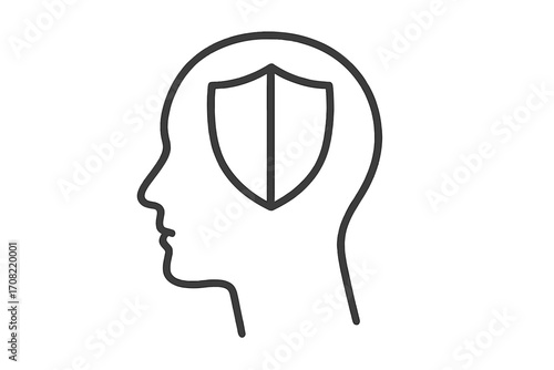 Mental health protection concept. Shield in head icon. Psychology and mental fortitude metaphor. Inner defense, security, and resilience symbol. Strong mindset vector.