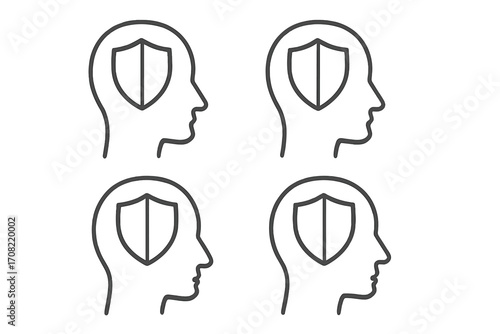 Mental health protection concept. Psychology and mindset defense. Shield in head symbol for security, safety, and resilience. Vector line icon for psychological wellbeing.