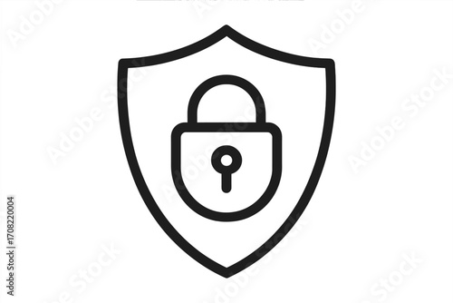 Security shield with padlock icon. Cyber safety and data protection concept. Privacy defense symbol. Secure guard badge for web, app, and antivirus software. Vector line logo.