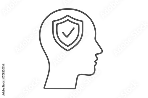 Mental health protection and psychological safety concept. Head with shield icon symbolizing a secure mindset, resilience, and wellbeing. Positive thinking and mind defense.