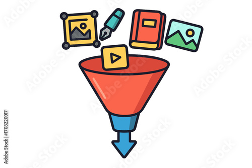 Content marketing sales funnel concept. Multimedia icons like video, photos, articles filtered for lead generation. Data filtering & conversion rate optimization process.