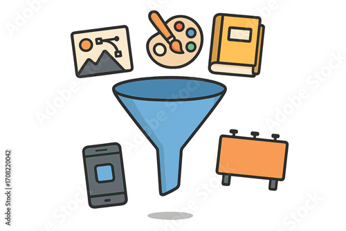 Marketing funnel with digital media icons. Sales process concept for graphics, design, books, adverts, apps. Vector illustration for business strategy and lead conversion.