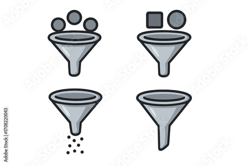 Sales funnel icon set for marketing and lead generation. Vector illustration of data filtering, sorting, conversion process, and customer journey. Business workflow concept.