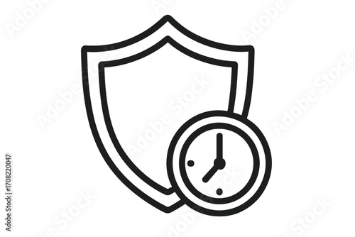 Vector icon shield with clock. Concept of time protection, duration, warranty, safety deadline. Metaphor for limited guarantee, long-term security. Outline graphic for web.