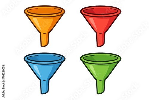 Colorful funnel vector icon set. Sales funnel for marketing and lead generation. Business conversion process concept. Data filtering and analysis symbol. Isolated cartoon illustration.