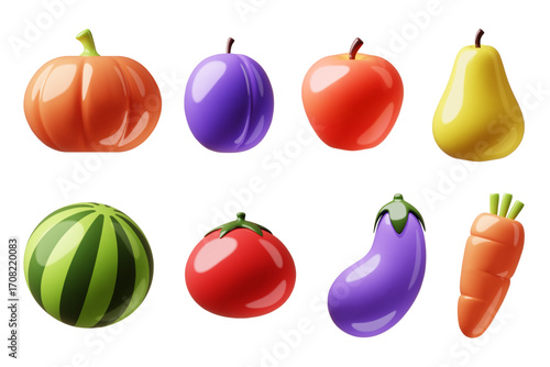 Cartoon 3d fruits and vegetables. Plasticine volumed style, vegetarian organic food, glossy eggplant, carrot and pumpkin, whole watermelon apple and tomato icon, classy vector isolated set