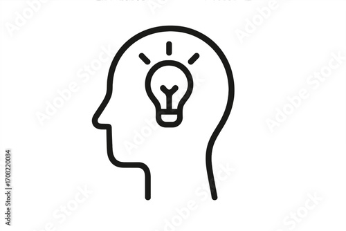Idea and creativity concept. Vector icon of a human head with a lightbulb. Symbol of innovation, solution, brainstorming, knowledge, inspiration, intelligence and insight.